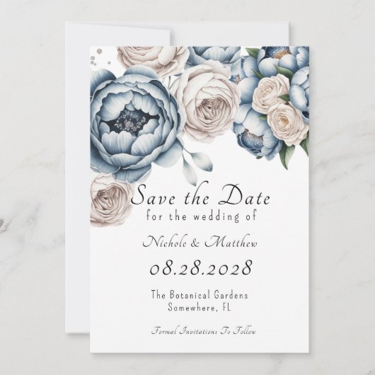 Dusty Blue Peony Roos & Glitter Save the Date Kaart (Voorkant)
