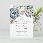 Dusty Blue Peony Roos & Glitter Save the Date Kaart (Staand voorkant)
