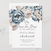 Dusty Blue Peony Roos & Glitter Save the Date Kaart (Voorkant / Achterkant)