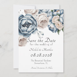 Dusty Blue Peony Roos & Glitter Save the Date Kaart