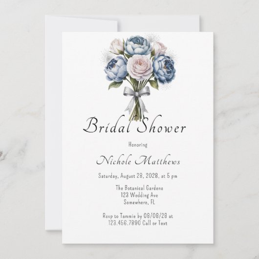 Dusty Blue Peony Roos & Glitter Vrijgezellenfeest Kaart (Voorkant)