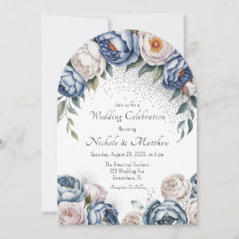Dusty Blue Peony Roos & Glitter Wedding Kaart
