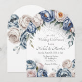 Dusty Blue Peony Roos & Glitter Wedding Kaart (Voorkant / Achterkant)