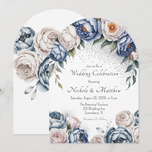 Dusty Blue Peony Roos & Glitter Wedding Kaart (Voorkant / Achterkant)