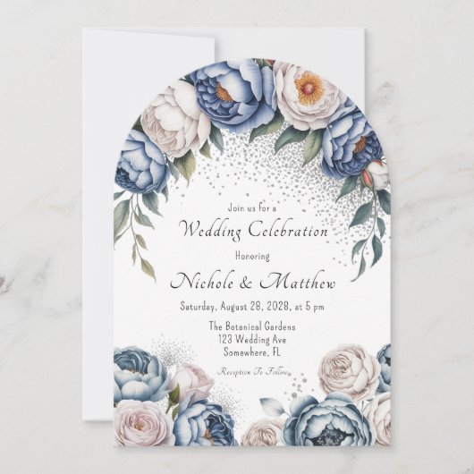 Dusty Blue Peony Roos & Glitter Wedding Kaart (Voorkant)