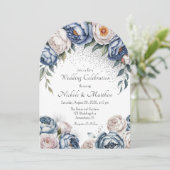 Dusty Blue Peony Roos & Glitter Wedding Kaart (Staand voorkant)