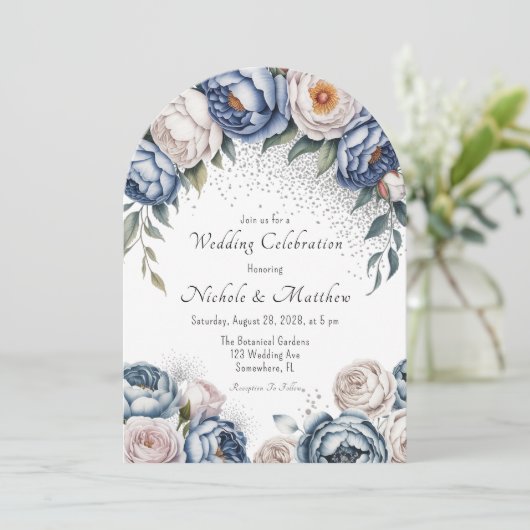 Dusty Blue Peony Roos & Glitter Wedding Kaart (Staand voorkant)