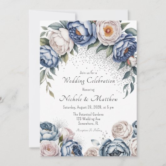 Dusty Blue Peony Roos & Glitter Wedding Kaart (Voorkant)