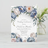 Dusty Blue Peony Roos & Glitter Wedding Kaart (Staand voorkant)