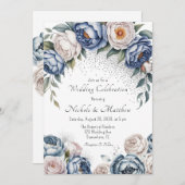 Dusty Blue Peony Roos & Glitter Wedding Kaart (Voorkant / Achterkant)