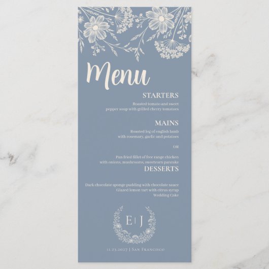 Dusty Blue Periwinkle Wildflower Wedding Menu (Voorkant)