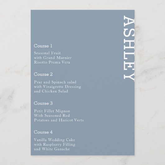 Dusty Blue Personalized Guest Name Wedding Menu (Voorkant)