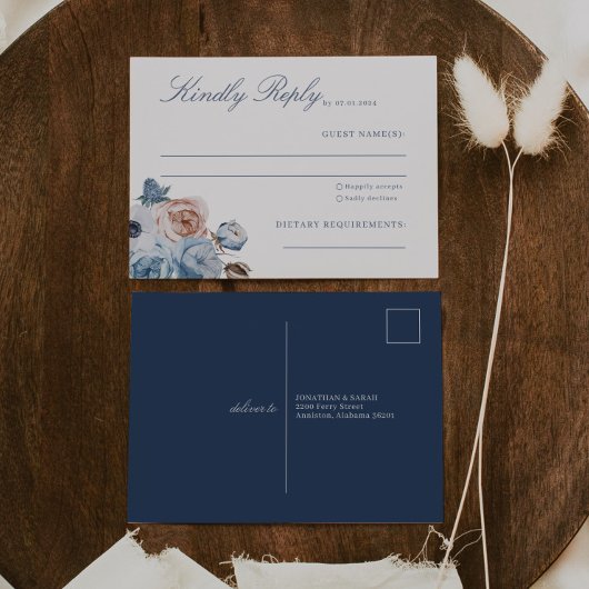 Dusty Blue & Perzik Bloemen Bruiloft RSVP Briefkaart