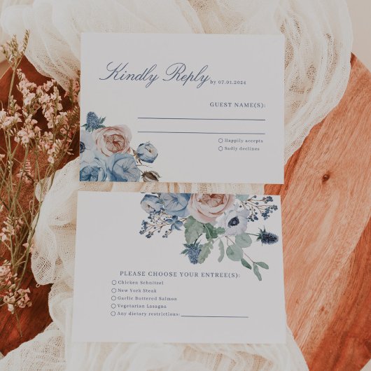 Dusty Blue & Perzik Bloemen Bruiloft RSVP Kaart