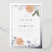 Dusty Blue & Perzik Bloemen Zilveren Folie Bruilof Folie Uitnodiging (Voorkant)