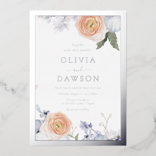 Dusty Blue & Perzik Bloemen Zilveren Folie Bruilof Folie Uitnodiging (Voorkant)