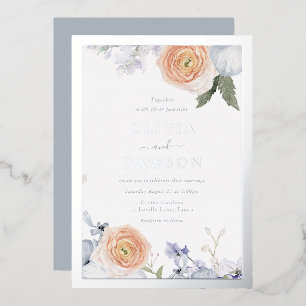 Dusty Blue & Perzik Bloemen Zilveren Folie Bruilof Uitnodiging