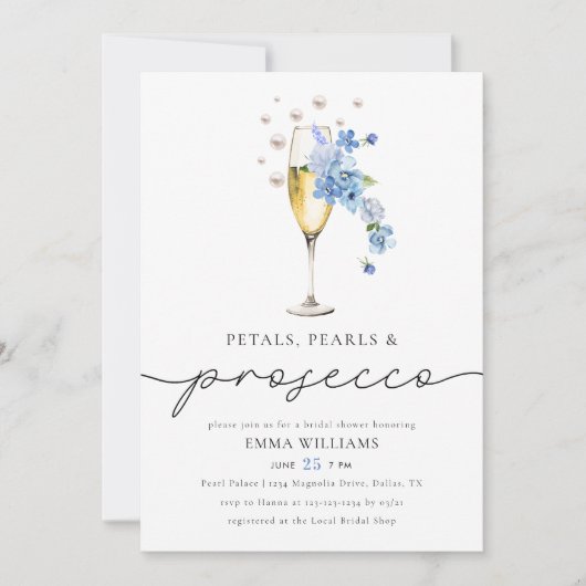 Dusty Blue Petals Parels & Prosecco Vrijgezellenfe Kaart (Voorkant)