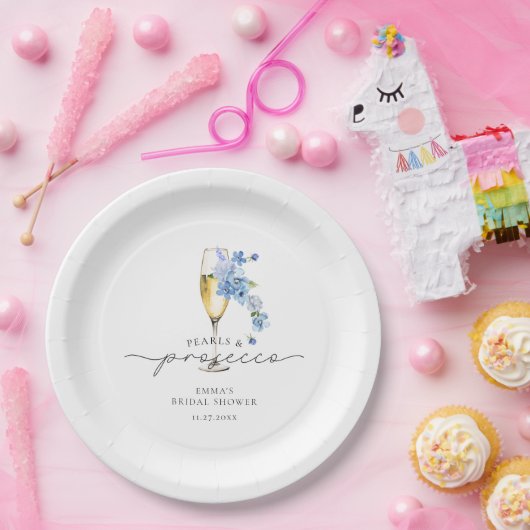 Dusty Blue Petals & Prosecco Vrijgezellenfeest Papieren Bordje (Feest)