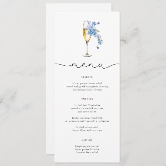 Dusty Blue Petals & Prosecco Wildflower Menu Kaart (Voorkant / Achterkant)