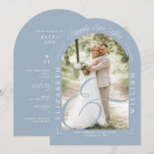 Dusty Blue Photo Arch Script Wedding Receptie Kaart (Voorkant / Achterkant)