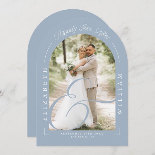 Dusty Blue Photo Arch Script Wedding Receptie Kaart (Voorkant / Achterkant)