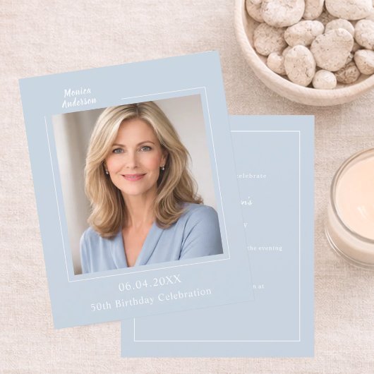 Dusty blue photo birthday invitation