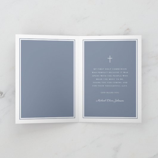 Dusty Blue Photo Boy First Communion Bedankkaart (Binnen)
