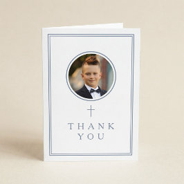 Dusty Blue Photo Boy First Communion Bedankkaart