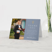 Dusty Blue Photo Boy First Communion Folded Bedankkaart (Voorkant)