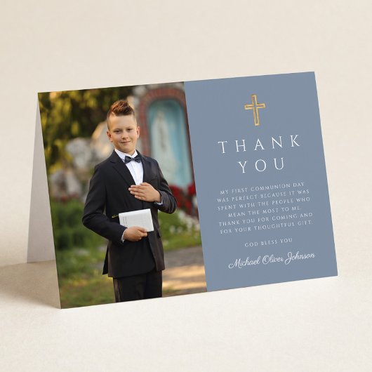 Dusty Blue Photo Boy First Communion Folded Bedankkaart