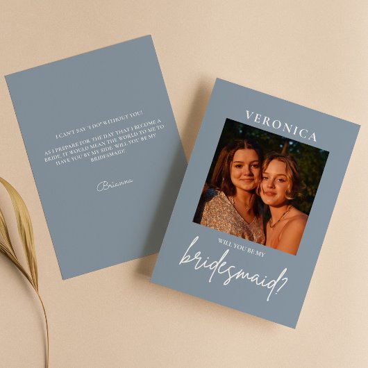 Dusty Blue Photo Bridesmaid Minimal proposal Kaart