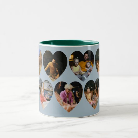 Dusty Blue Photo Collage Mug with Heart Frames Tweekleurige Koffiemok (Center)