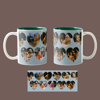 Dusty Blue Photo Collage Mug with Heart Frames Tweekleurige Koffiemok