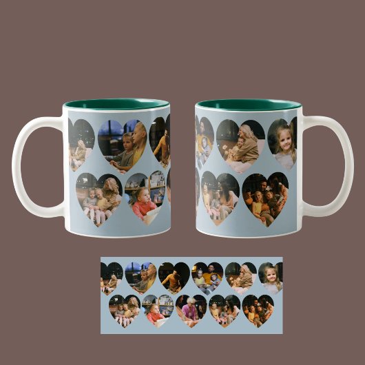 Dusty Blue Photo Collage Mug with Heart Frames Tweekleurige Koffiemok