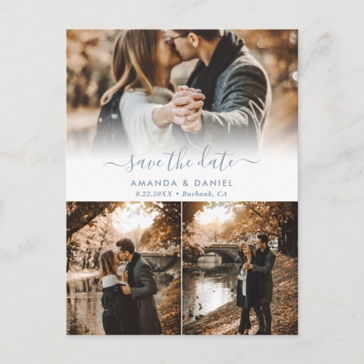 Dusty Blue Photo Collage Wedding Save the Date Aankondigingskaart (Voorkant)