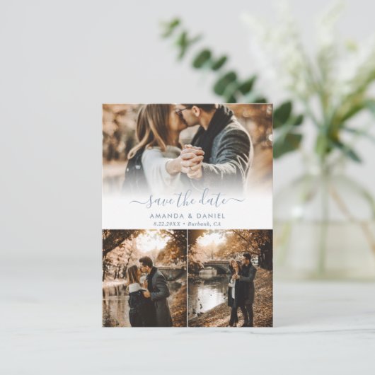Dusty Blue Photo Collage Wedding Save the Date Aankondigingskaart (Staand voorkant)