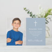 Dusty Blue Photo First Heilige Commune Bedankkaart (Staand voorkant)