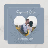 Dusty Blue Photo Heart Lijst Save the Date Kaart (Voorkant / Achterkant)