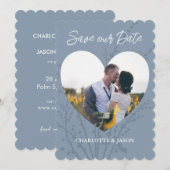 Dusty Blue Photo Heart Lijst Save the Date Kaart (Voorkant / Achterkant)