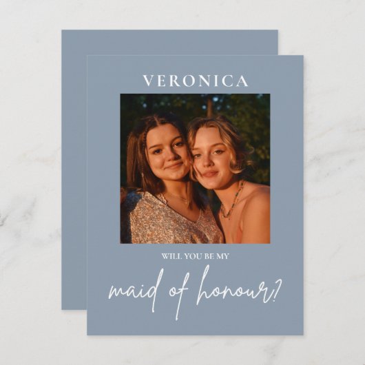 Dusty Blue Photo Maid of Honor Boho Proposal Kaart (Voorkant / Achterkant)