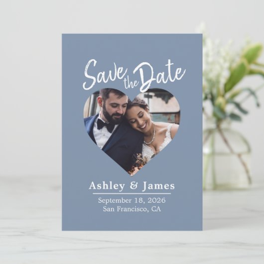 Dusty Blue Photo Modern Script Save the Date (Staand voorkant)