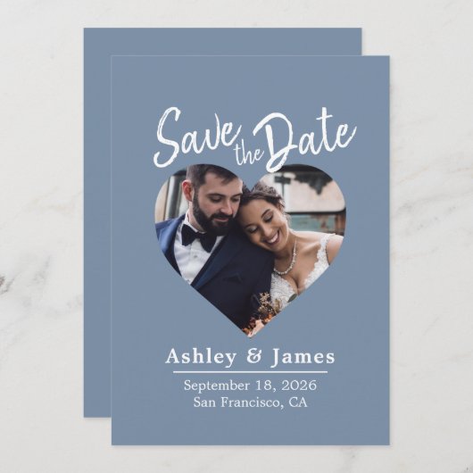 Dusty Blue Photo Modern Script Save the Date (Voorkant / Achterkant)
