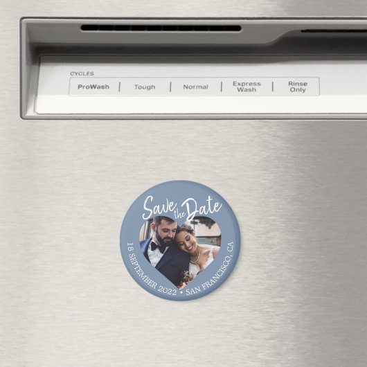 Dusty Blue Photo Modern Script Save the Date Magneet (Insitu (Vaatwasser))