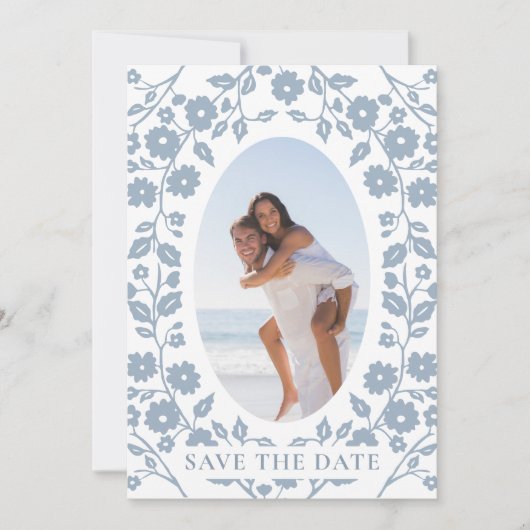 Dusty Blue Photo QR Code Website Folk Floral Save The Date (Voorkant)