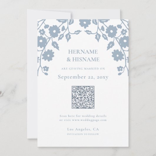 Dusty Blue Photo QR Code Website Folk Floral Save The Date (Achterkant)