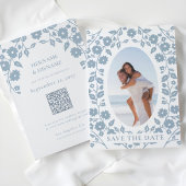Dusty Blue Photo QR Code Website Folk Floral Save The Date