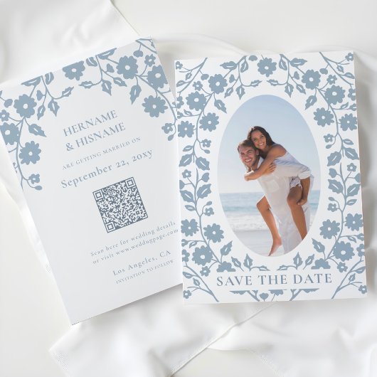 Dusty Blue Photo QR Code Website Folk Floral Save The Date