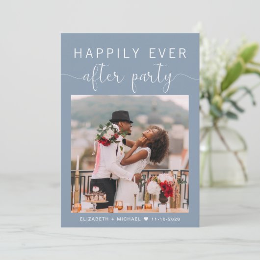 Dusty Blue Photo QR Code Weddenschappen Reception Kaart (Staand voorkant)