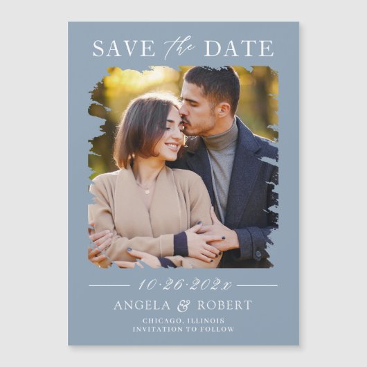 Dusty Blue Photo Save the Date Magnetic Kaart (Voorkant)